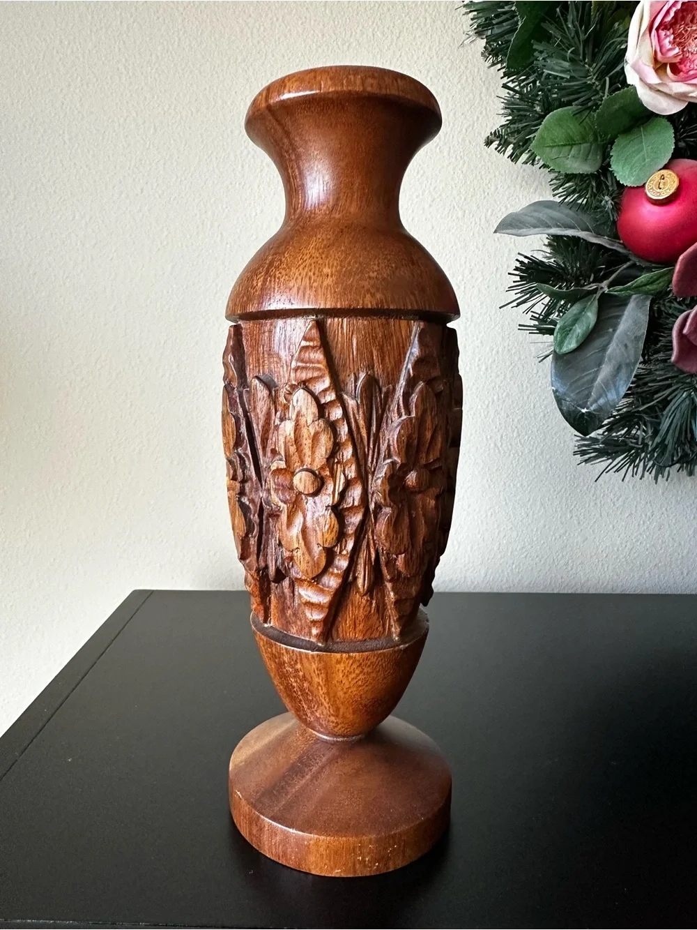 Carved Wood Floral Decorative Vase 10” Brown Natural Grain Rustic Boho Decor